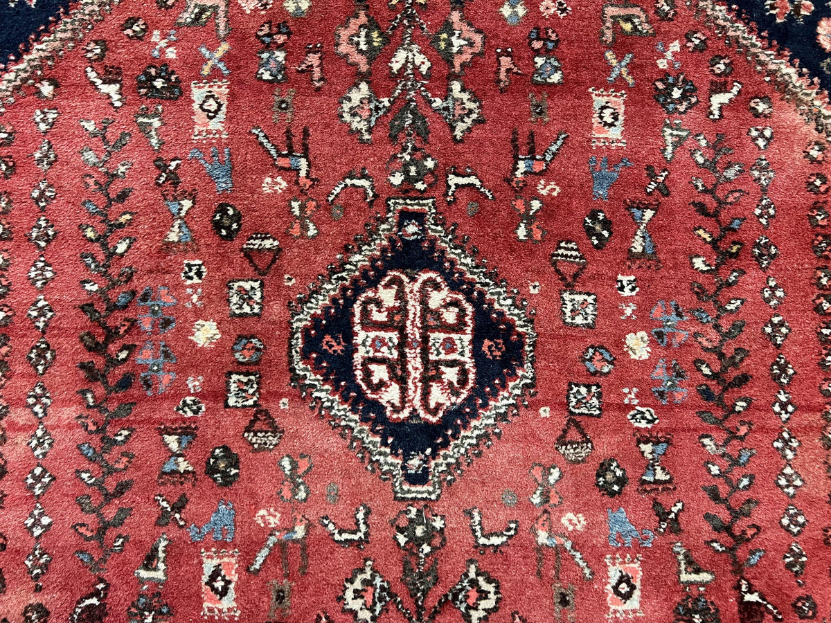 Persian Tribal Rug 3.6 x 5 ft, Persian Abadeh Rug, Geometric Medallion Bird Motifs, Red and Navy Blue Hand Knotted Handmade Wool Vintage Oriental Carpet - Jewel Rugs, view 7