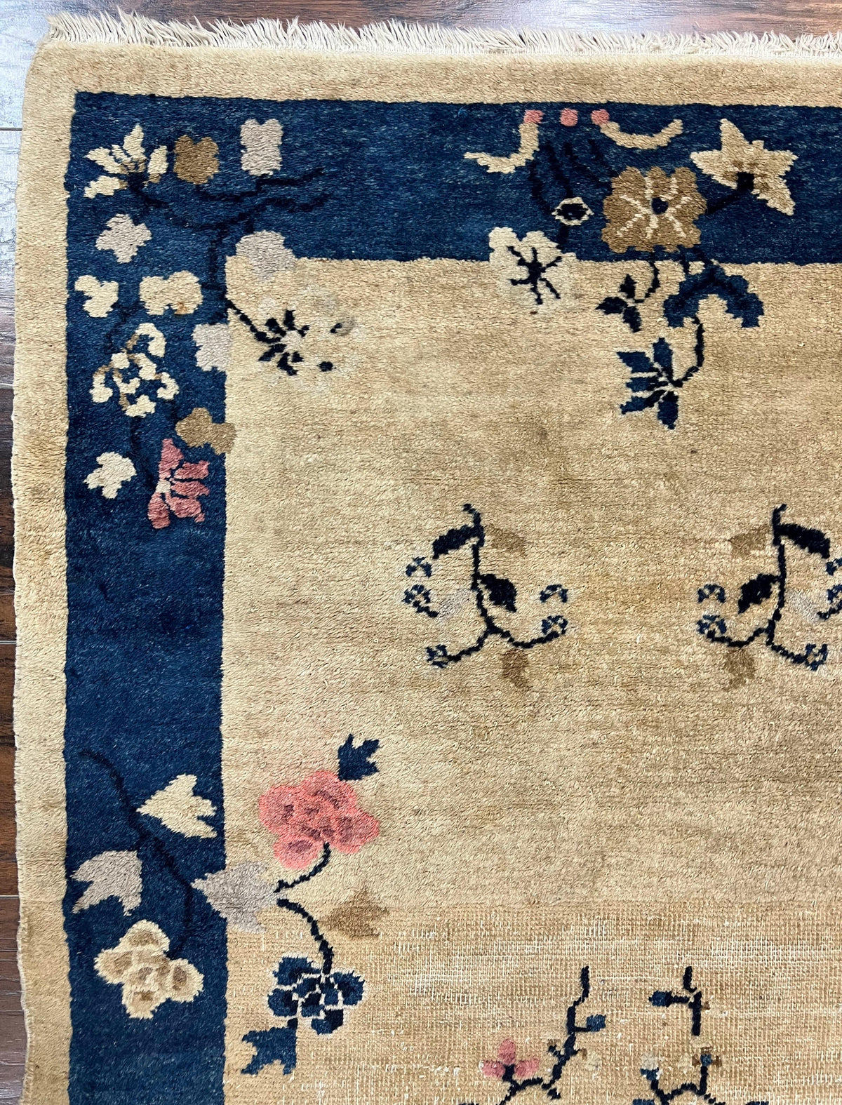 Antique Chinese Peking Rug 3x6, Beige and Dark Blue Hand Knotted Handmade Asian Oriental Carpet, Floral Vases, Vintage Wool Art Deco Rug - Jewel Rugs, view 7