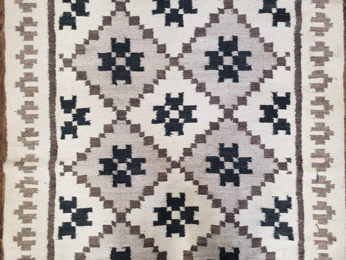 Semi Antique South American Blanket 4x8, Wool Hand-Woven Flatweave Kilim Rug, Handmade Antique Vintage Runner, Ivory & Blue, Diamond Panel - Jewel Rugs, view 7