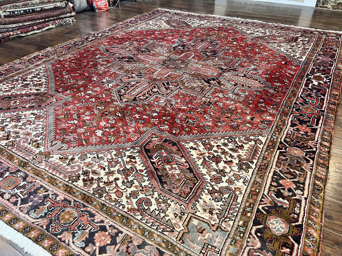 Large Persian Heriz Rug 10x13, Wool Hand Knotted Antique Carpet, Red and Ivory, Geometric Tribal Room Sized Rug, Decorative Oriental Rug - Jewel Rugs, view 3
