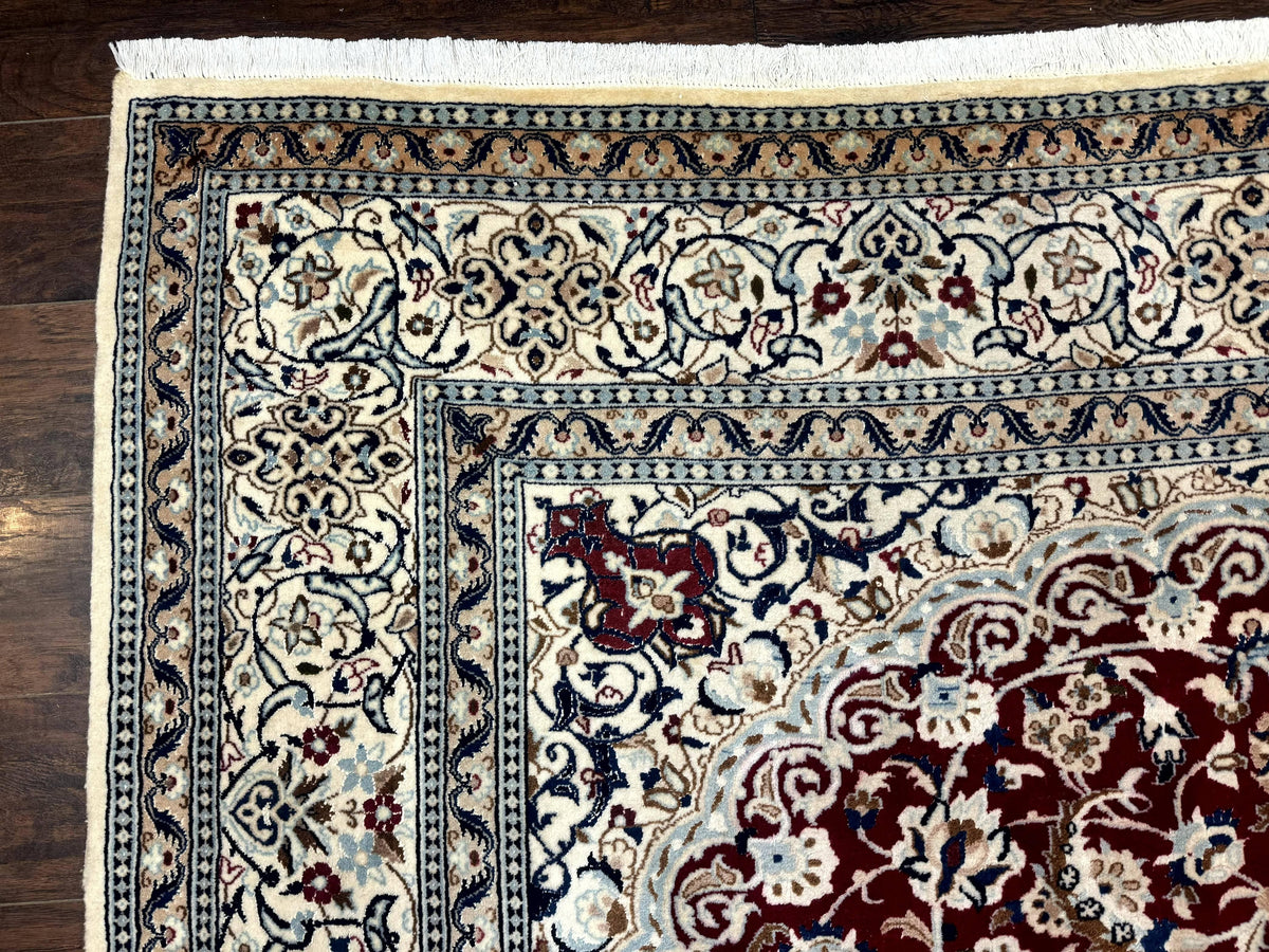 Persian Nain Rug 8x11, Wool and Silk Highlights, Burgundy & Ivory - Jewel Rugs, view 7