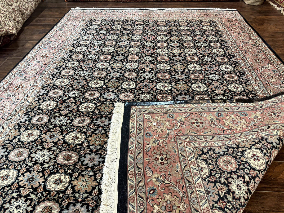 Indo Persian Rug 9x12, Vintage Handmade Wool Carpet, Repeated Allover Motif, Navy Blue and Pink - Jewel Rugs, view 12