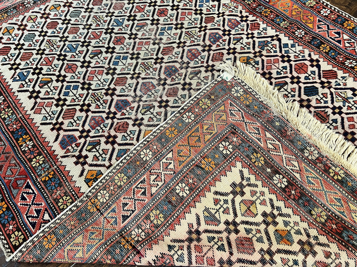 Antique Caucasian Rug 4x5, Hand Knotted Handmade Shirvan Oriental Carpet, Ivory Red Rug Allover Pattern, Rare Wool Rug, Tribal Geometric Rug - Jewel Rugs, view 9