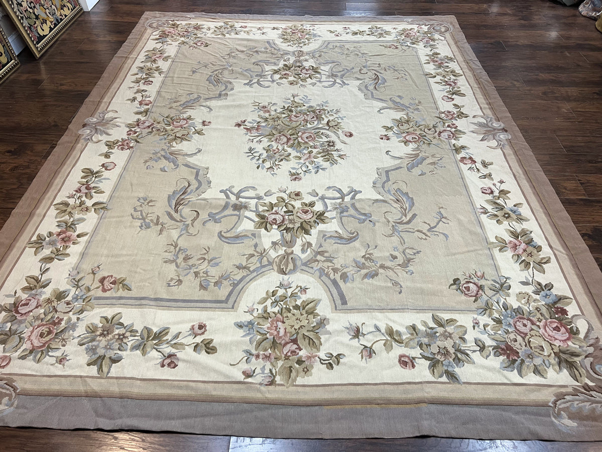 Aubusson Needlepoint Rug 9x12, VIntage Handmade Wool Beige Floral European Elegant Rug 9 x 12, Floral Roses - Jewel Rugs, view 17