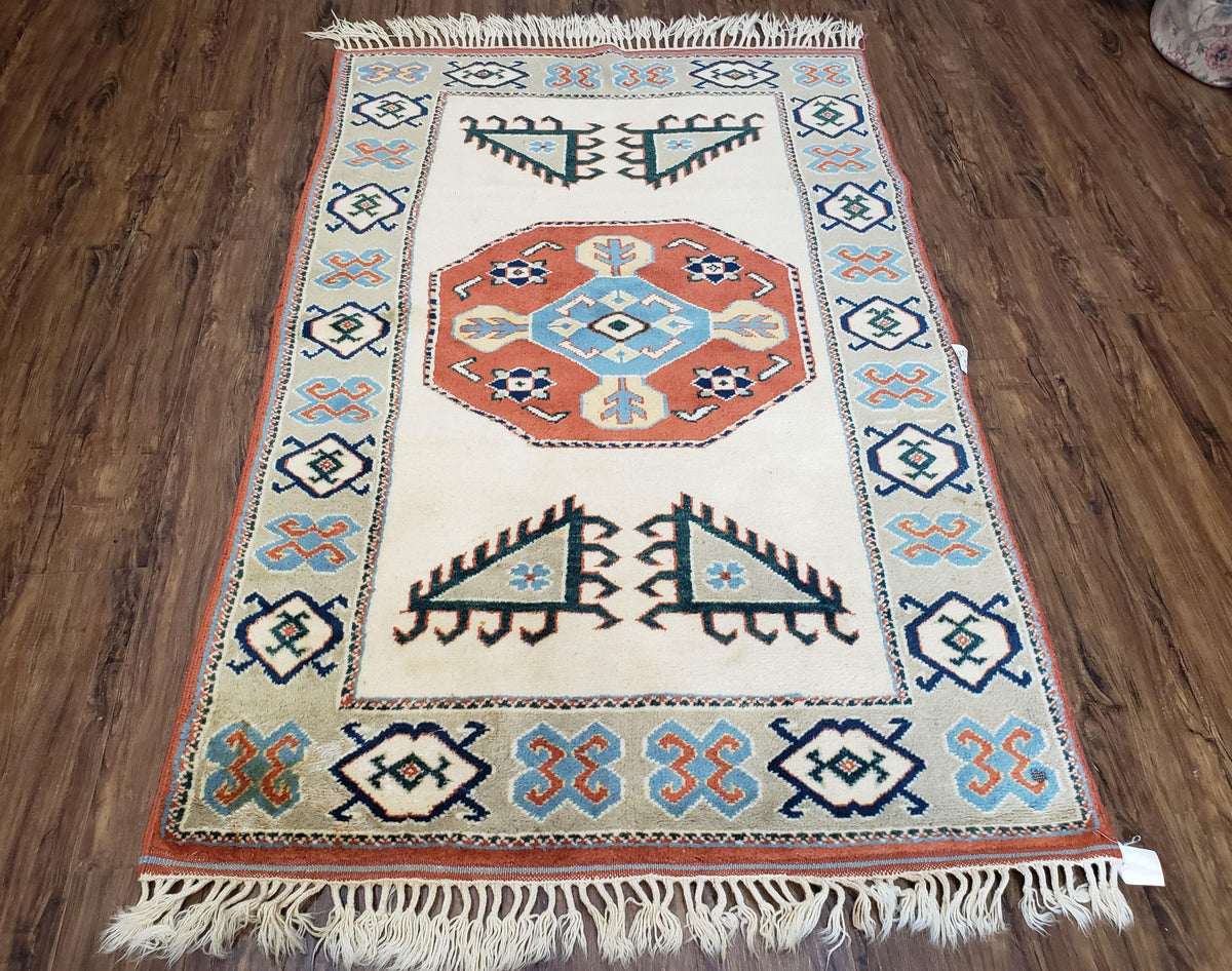 Vintage Turkish Rug 4x6, Beige Red Gray Carpet, Caucasian Design, Tribal Rug, Hand-Knotted, Boho Rug, Bohemian Home Decor - Jewel Rugs, view 2