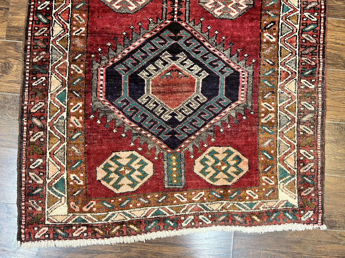 Persian Heriz Runner Rug 3.8 x 8.6, Geometric Design, Large Triple Medallions, Hand Knotted Handmade Vintage Wool Hallway Rug, Red - Jewel Rugs, view 5