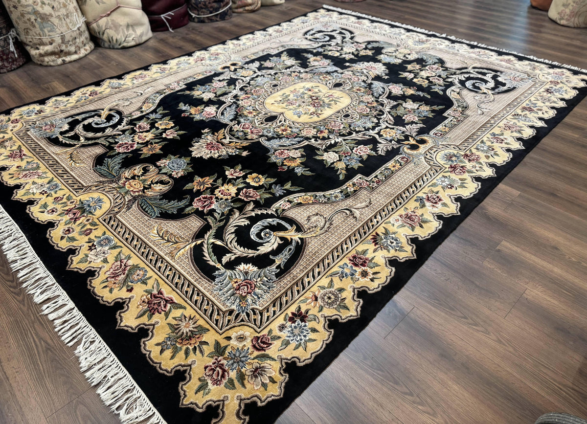 Aubusson Rug 9x12, Black and Beige, Floral, Elegant Handmade French European Design Carpet - Jewel Rugs, view 3