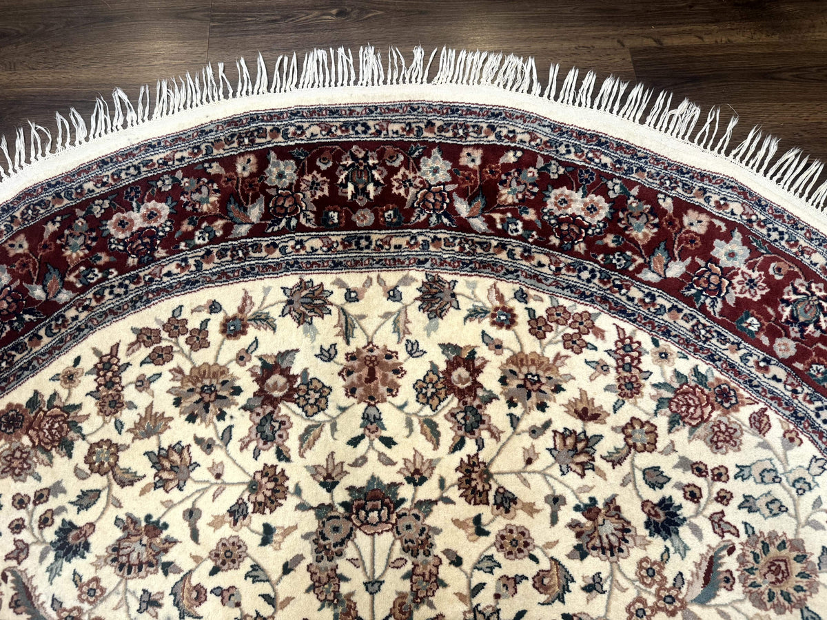 Round Sino Persian Rug 8x8, Wool and Silk, Floral Medallion, Ivory Dark Red - Jewel Rugs, view 3