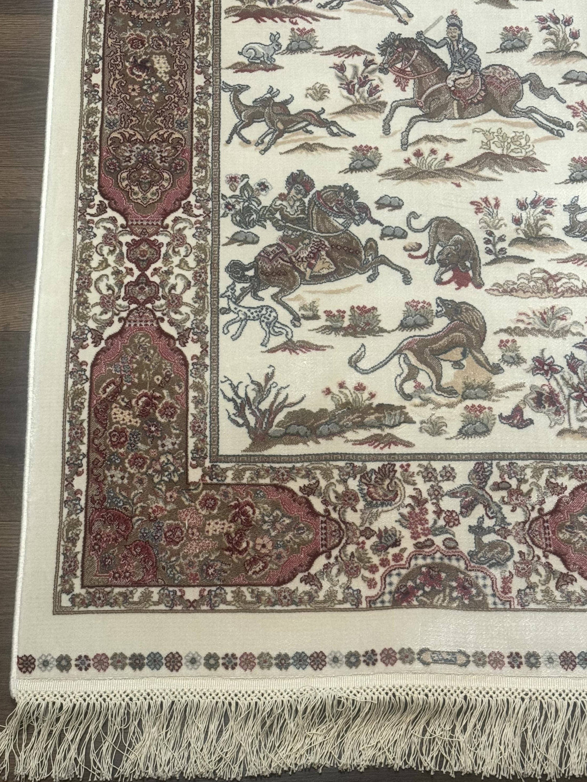 Turkish Silk Runner Rug 2.6 x 8, Hunting Design, Ivory, Bamboo Silk, New - Jewel Rugs, view 9