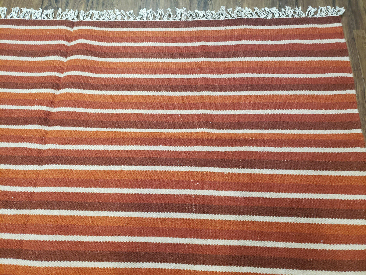 Large Striped Woolen Handmade Throw Blanket, Twin Size Bedding Hand-Woven, Indian Kilim Area Rug, 6x8 - 7x8, South American Style Textile - Jewel Rugs, view 8