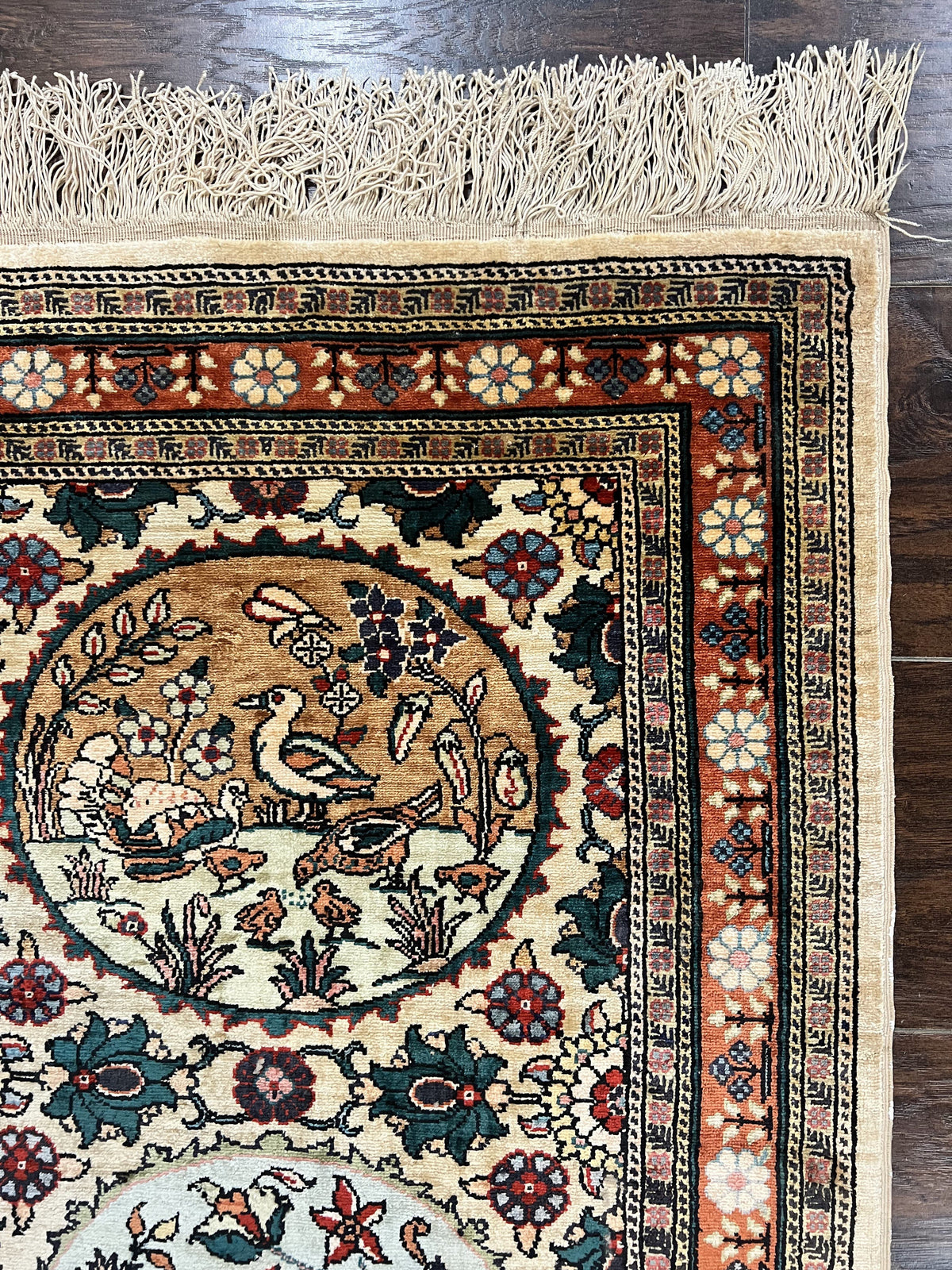 Silk Turkish Rug 2x4, Fine Handmade Oriental Rug, Animal Pictorial Birds Silk Pile on Silk Foundation Vintage Hand Knotted Hereke Carpet - Jewel Rugs, view 8
