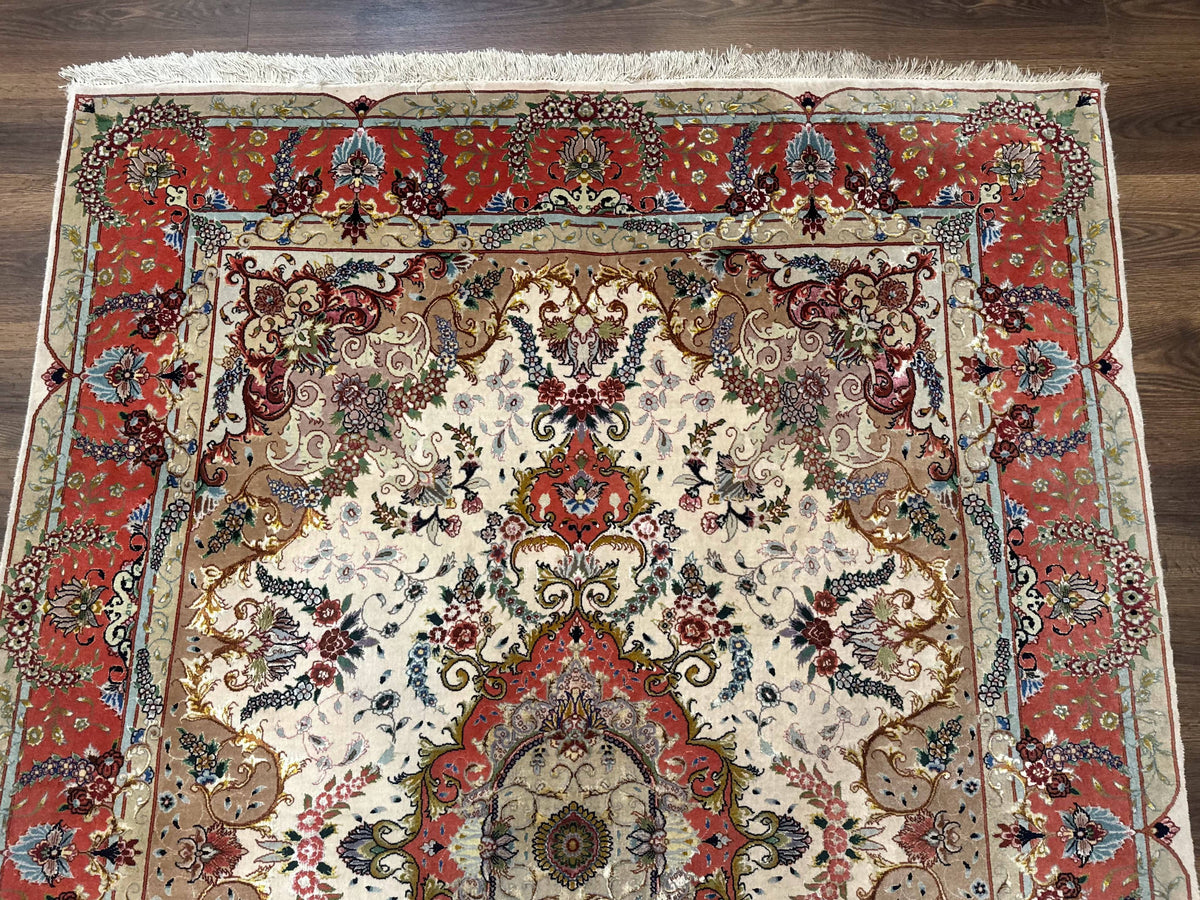 Wonderful Persian Tabriz Rug 5x7, Very Fine 440 KPSI, Ivory and Coral, Rare - Jewel Rugs, view 4