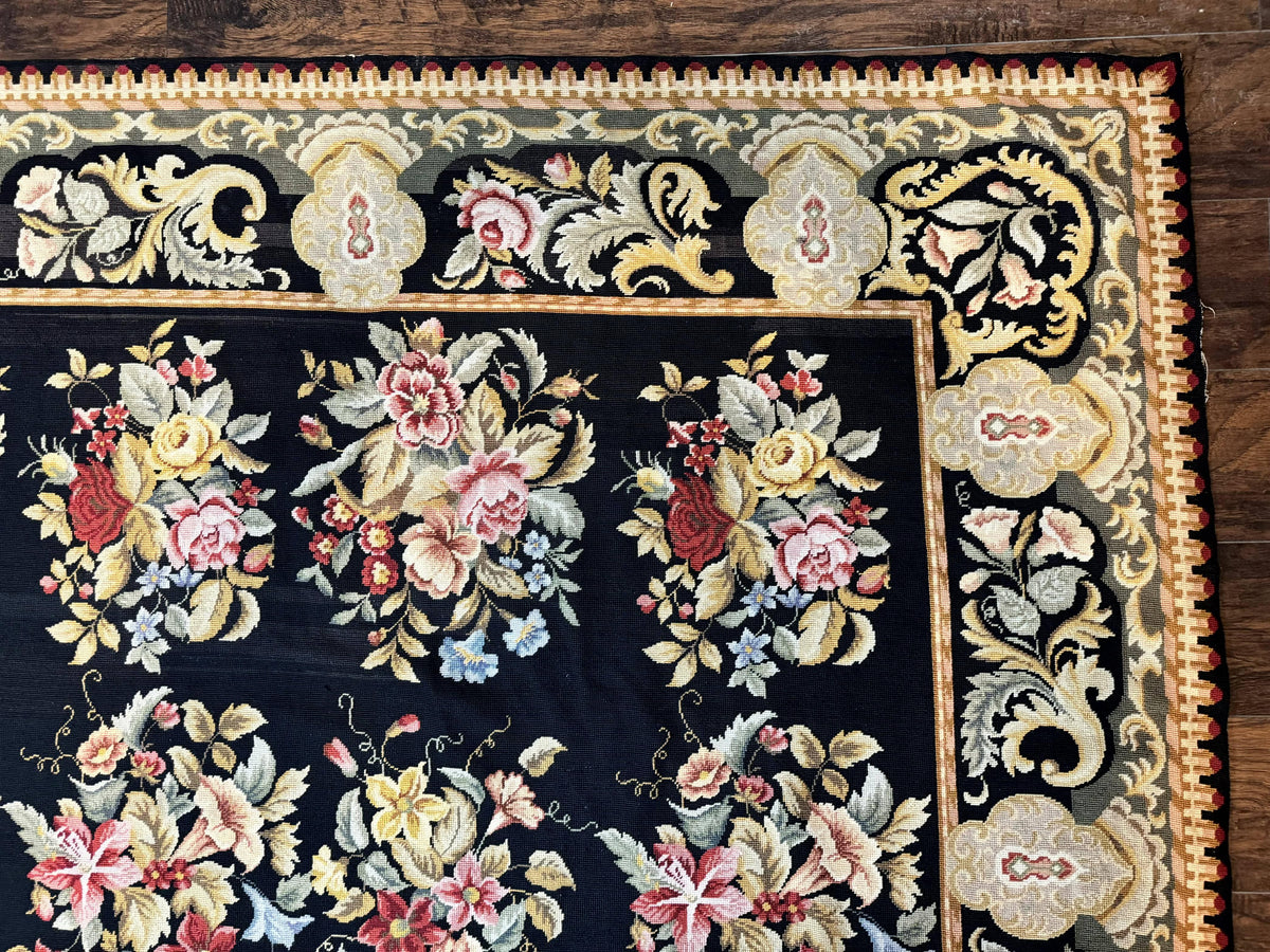 Palace Size Needlepoint Rug 12x16, Black and Colorful, Floral Panel, Handmade Oversized Wool Needlepoint Carpet, Rare - Jewel Rugs, view 8