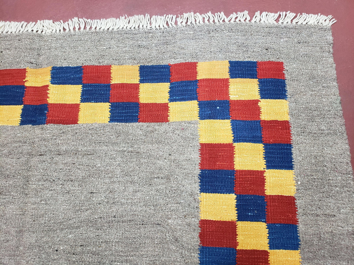 New Turkish Kilim Area Rug, Gray Carpet With Colorful Checker Border, 5'6" x 8", Flatweave Carpet, Playroom Rug, Kids Room Rug, Hand-Knotted - Jewel Rugs, view 6