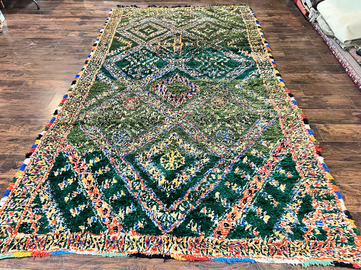 Large Moroccan Shag Rug 6x12, Green Multicolor Colorful Boho Rug, Handmade Hand Knotted Wool Carpet, Geometric Design, Vintage Rug - Jewel Rugs, view 2