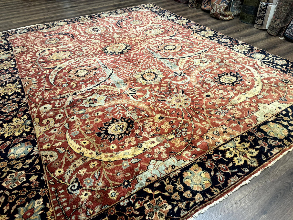Indian Agra Rug 9x11, Terracotta and Navy Blue, Sickle Leaf Rug - Jewel Rugs, view 13