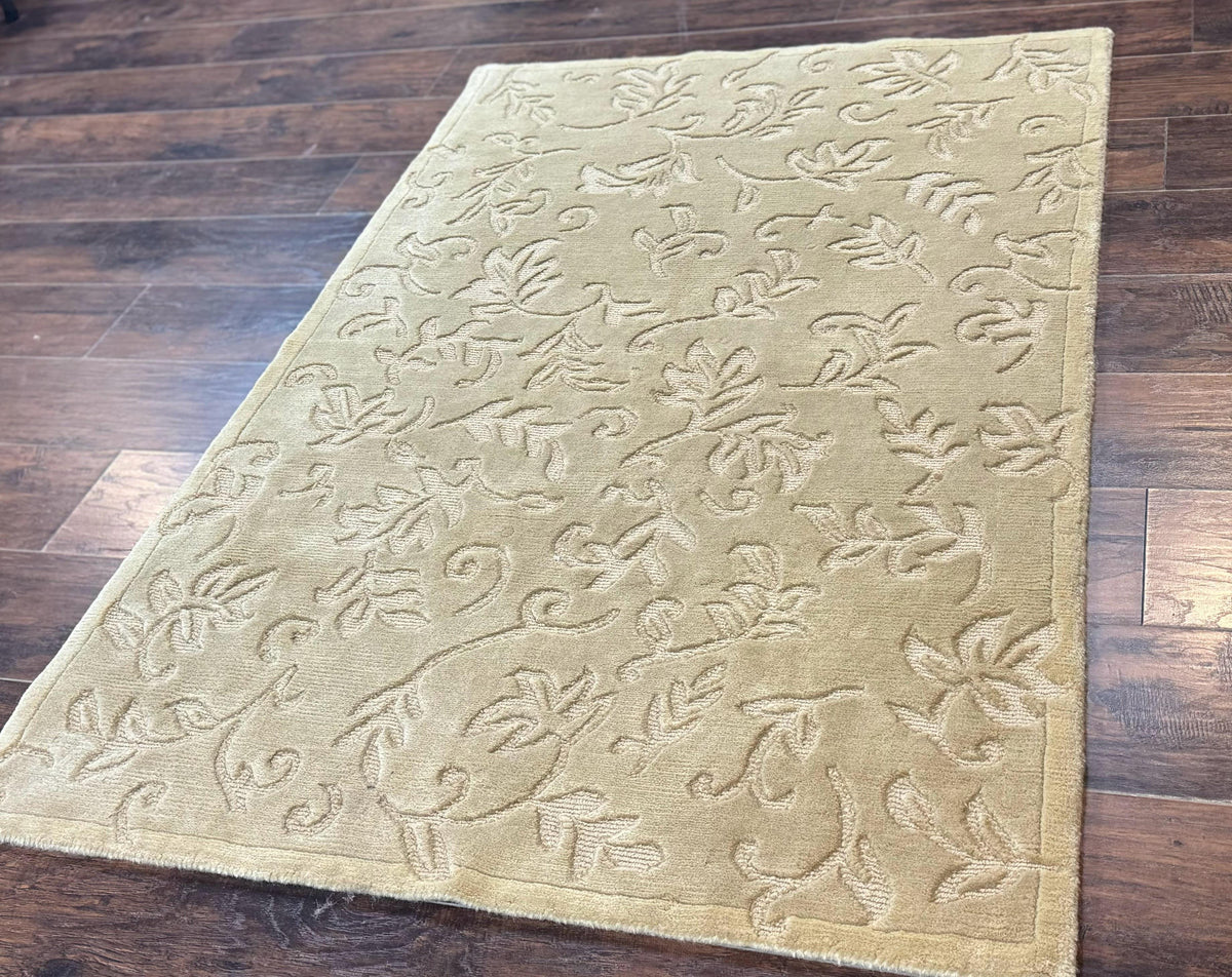 Modern Tibetan Rug 3.7 x 5.5, Carved Floral Design, Wool and Silk Highlights - Jewel Rugs, view 3