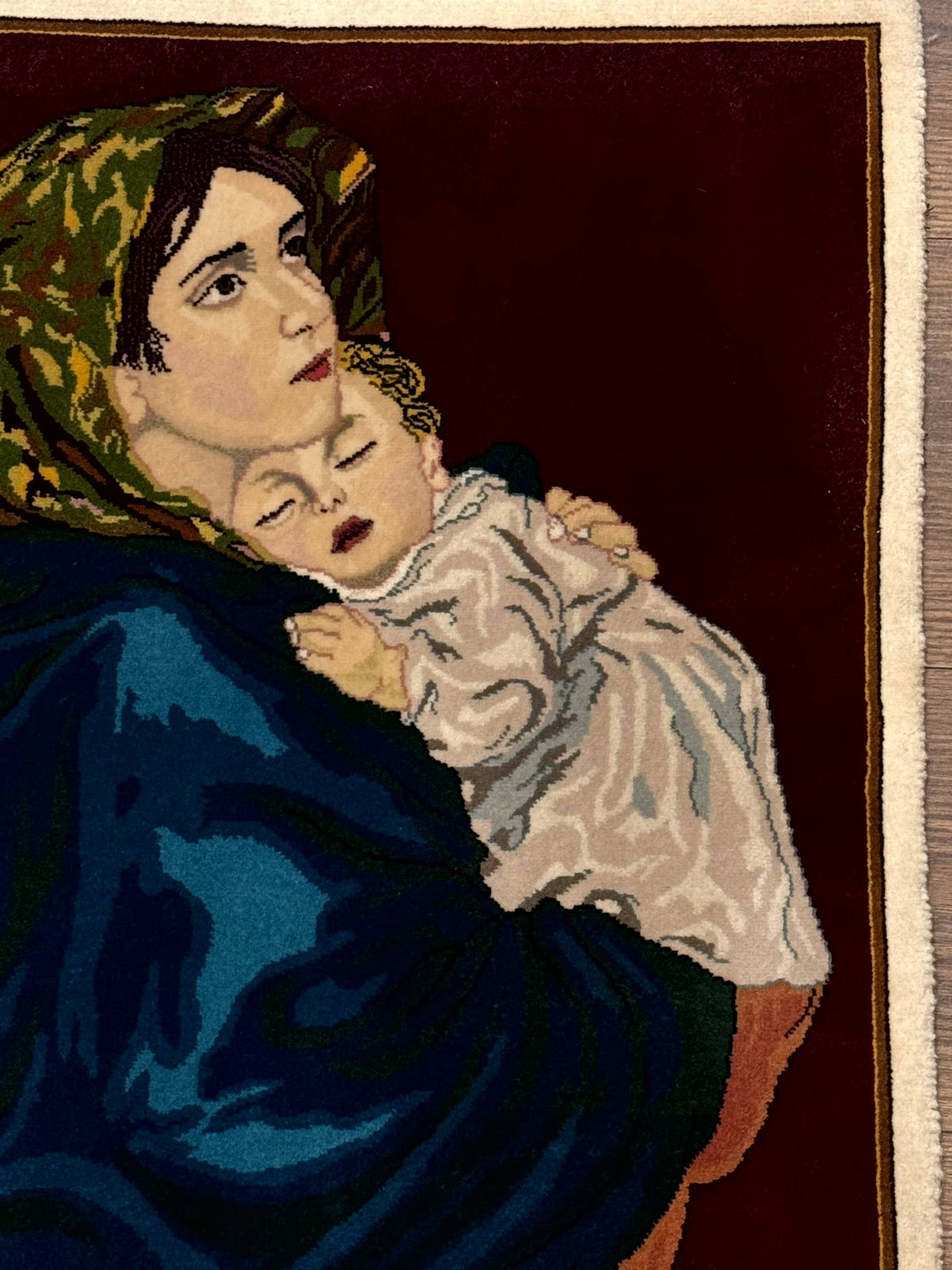 Small Persian Tabriz Pictorial Rug 2x2, Mother Holding Child, Very Fine 340 KPSI, Maroon - Jewel Rugs, view 9