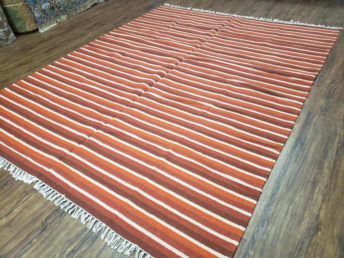 Large Striped Woolen Handmade Throw Blanket, Twin Size Bedding Hand-Woven, Indian Kilim Area Rug, 6x8 - 7x8, South American Style Textile - Jewel Rugs, view 3
