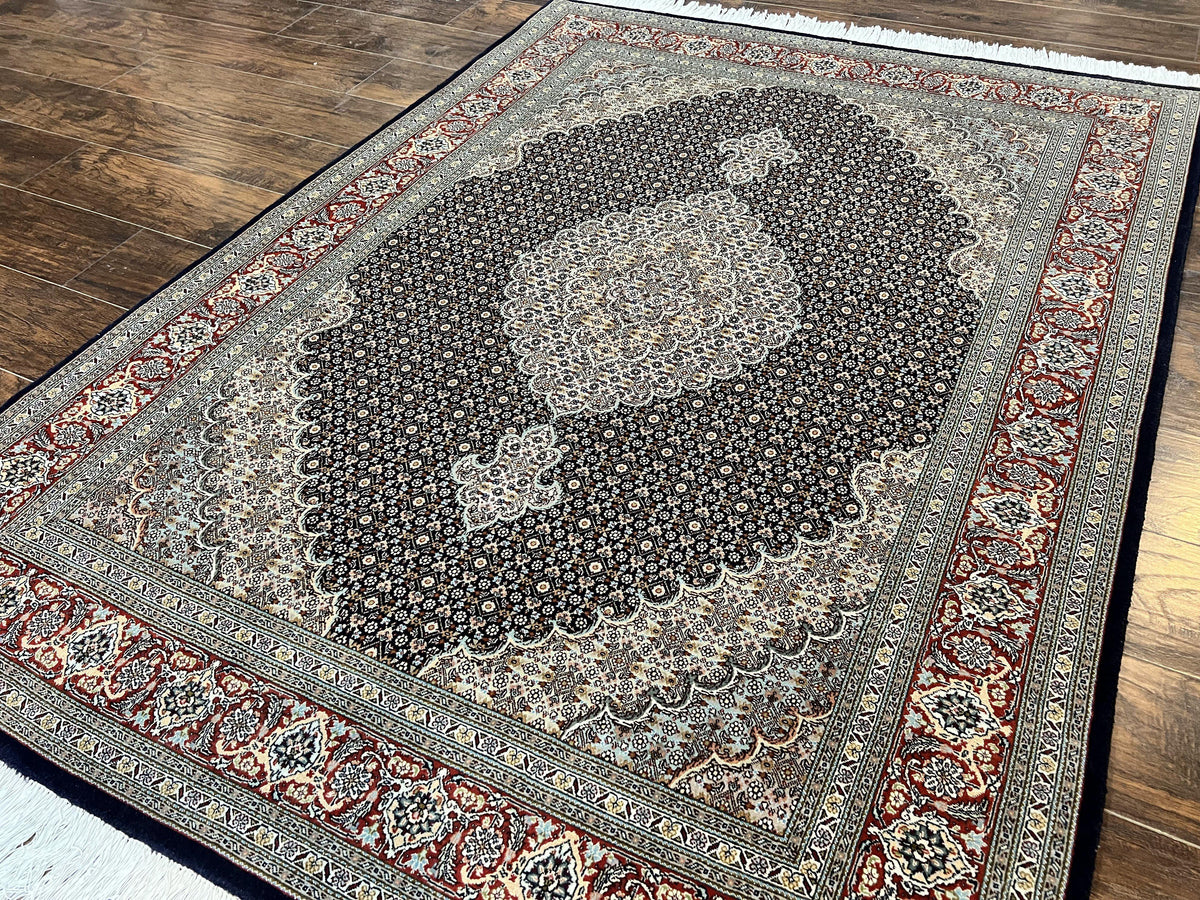 Persian Tabriz Rug 5x7, Wool with Silk Highlights, Hand Knotted Vintage Oriental Carpet, Very Fine, Herati Mahi Pattern, Black, Rare - Jewel Rugs, view 2