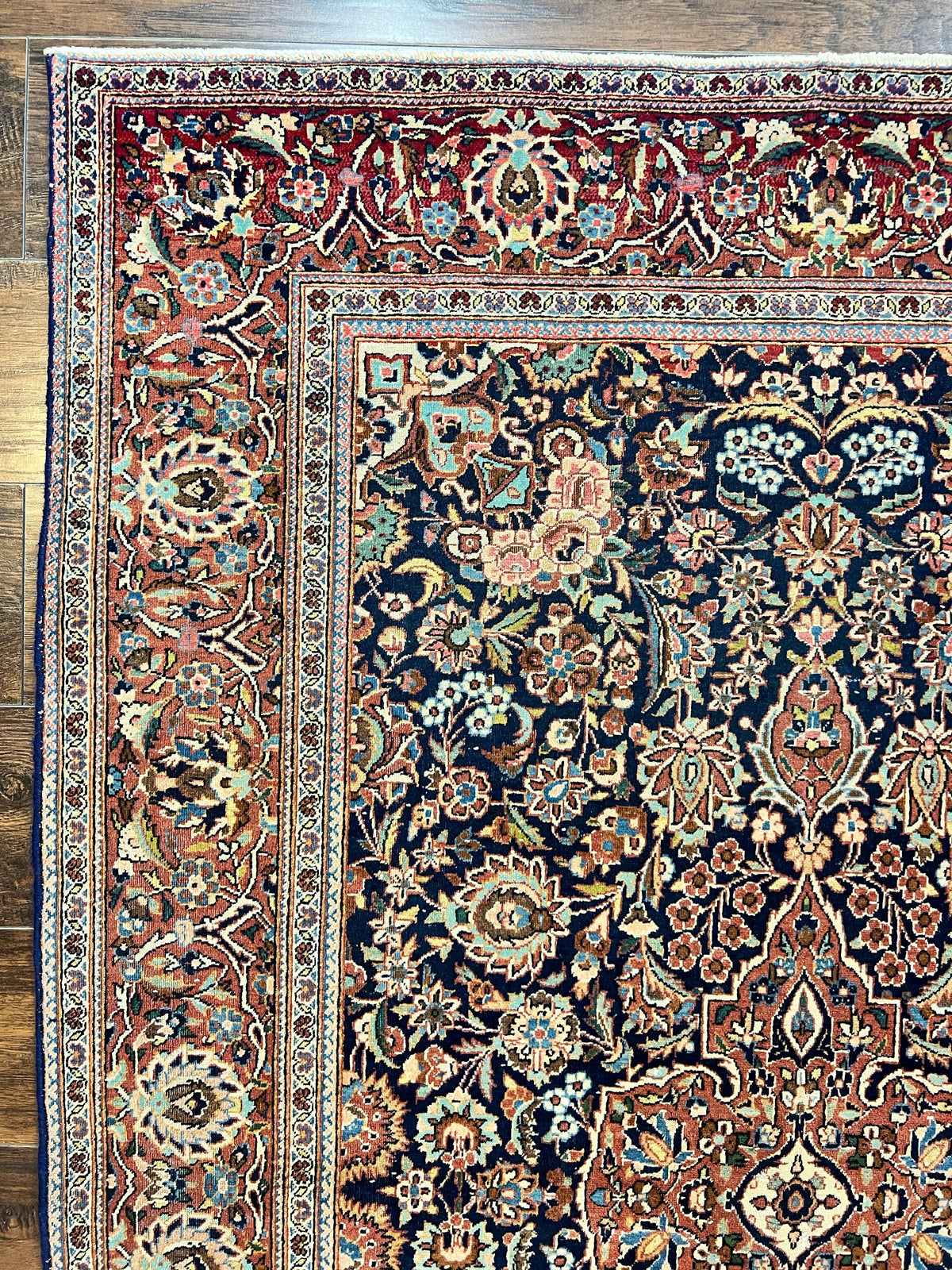 Persian Kashan Rug 4x7, Floral Medallion Vintage Handmade Hand Knotted Navy Blue & Red Wool Oriental Carpet, Highly Detailed Semi Antique Rug - Jewel Rugs, view 7