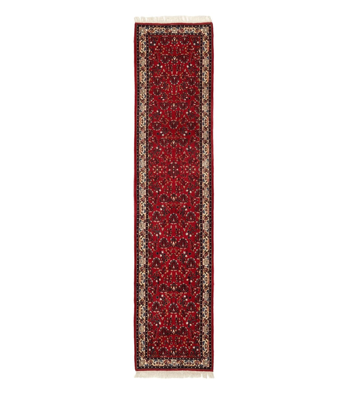 Indo Persian Sarouk Runner Rug 3 x 12, Red and Cream, Allover Pattern, 12ft Runner, Hand Knotted - Jewel Rugs