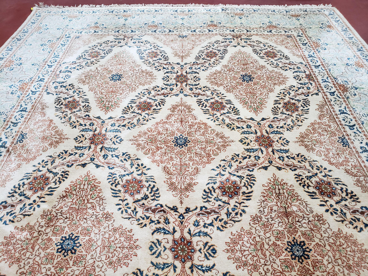 Fine Antique Persian Light Colored Kashan Carpet, 7x12, Top Quality, Rare, Ivory & Blues, Hand-Knotted, Wool - Jewel Rugs, view 6