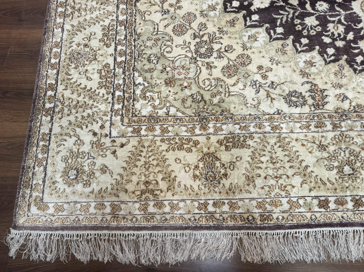Indian Kashmiri Silk Rug 10x14, Floral Medallion - Jewel Rugs, view 8