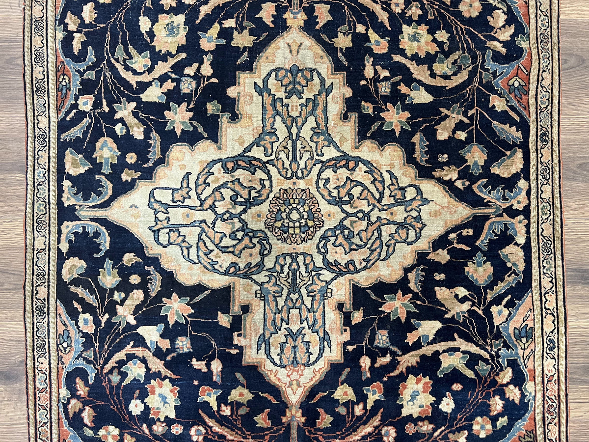 Antique Persian Rug 3.5 x 5, Sarouk Farahan Rug, High Quality 1920s Fine Oriental Carpet 3 x 5 ft, Large Medallion, Floral, Navy Blue Red, Hand Knotted Wool Rug - Jewel Rugs, view 4
