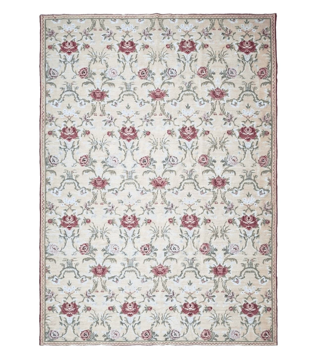 Needlepoint Rug 10x14 Wool Flatweave Carpet, English Floral Pattern, Pale Yellow, Roses, Allover Pattern, Handmade Large Needlepoint Nice - Jewel Rugs