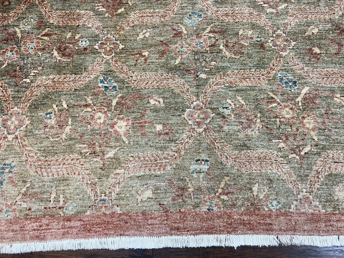 Large Modern Pakistani Rug 9x12, Handmade Wool Carpet, Peshawar Rug, Hand Knotted Oriental Rug, Contemporary, Floral, Light Green - Jewel Rugs, view 6