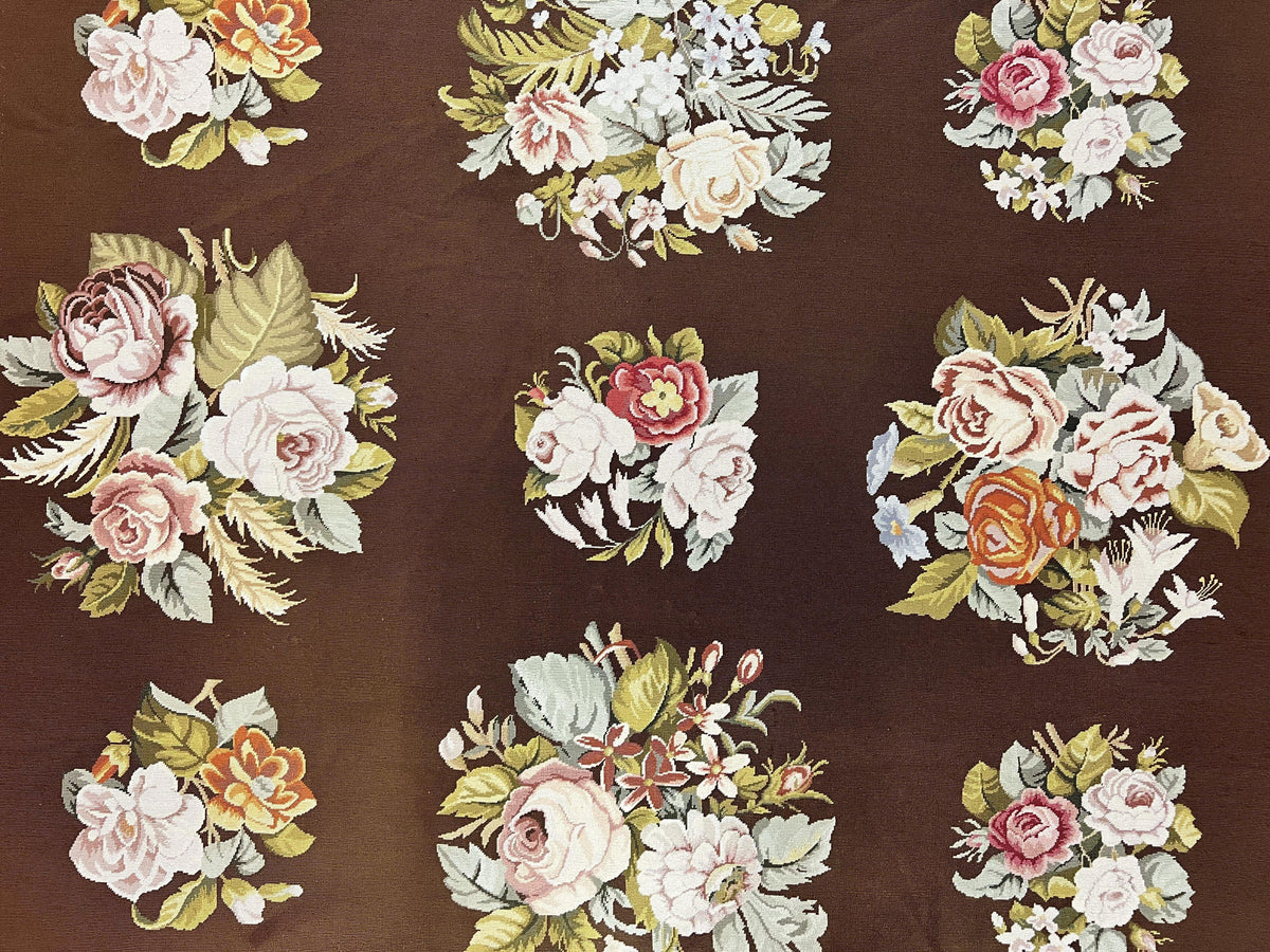 Vintage Needlepoint Rug 9x12, Large Handmade Hand-woven Needlepoint Carpet, Brown Area Rug, Floral Bouquets, Wool Rug, European Design - Jewel Rugs, view 5