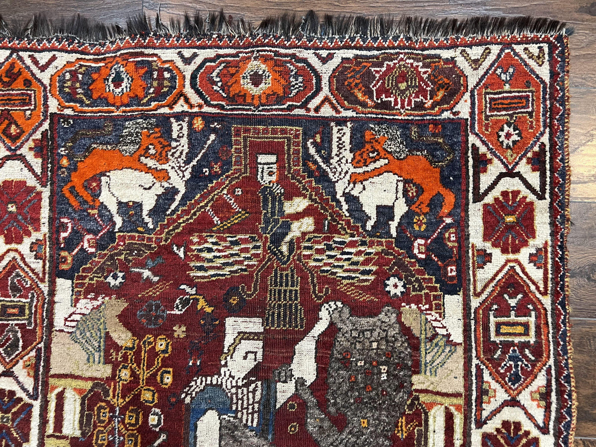 Antique Persian Shiraz Pictorial Rug 3.6 x 5, Persian Tribal Rug, Handmade, Lions, Highly Unique Collectible Small Persian Carpet, Maroon, Wool - Jewel Rugs, view 8