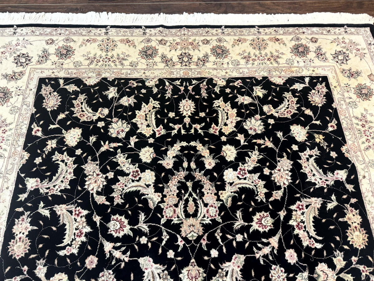 Sino Persian Rug 6x9, Black and Ivory, Wool and Silk Highlights, Handmade - Jewel Rugs, view 4