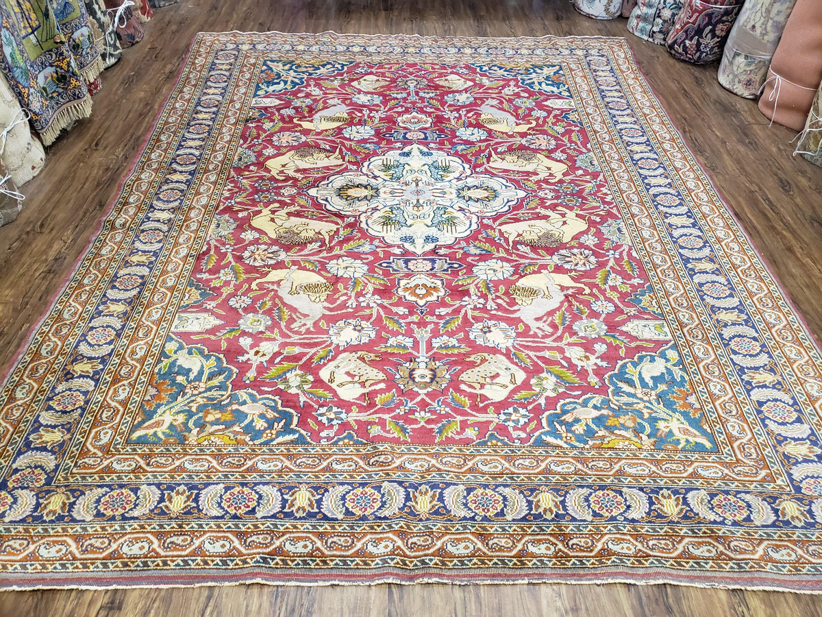 Antique Turkish Sivas Area Rug 8x11, Hand-Knotted, Vintage Red Wool Carpet, Gazelles Lions, Boteh Border, 8' x 11' Top Quality Oriental Rug - Jewel Rugs, view 2