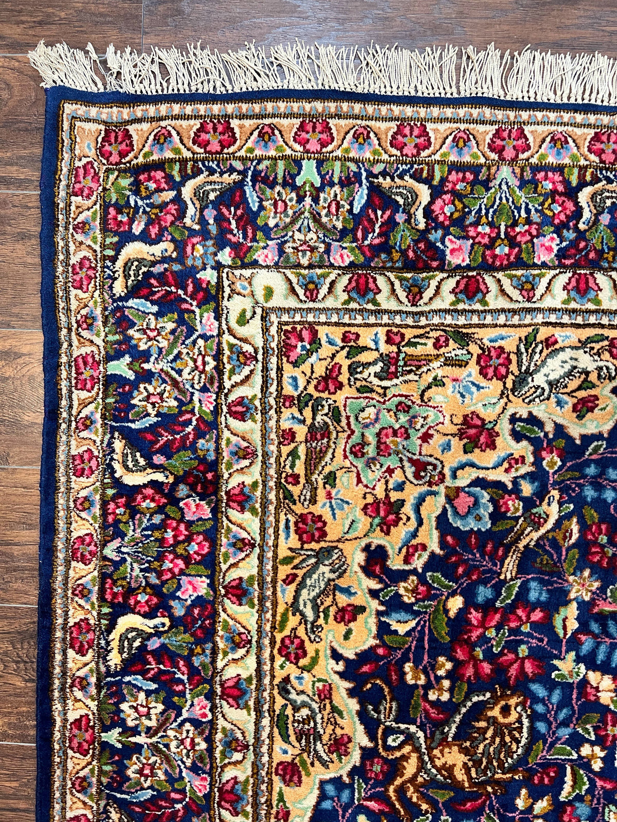 Persian Kirman Rug 6x9, Floral Medallion Vintage Wool Handmade Carpet 6 x 9, Animal Pictorials Birds, Semi Antique, Navy Blue, Millefleur - Jewel Rugs, view 6