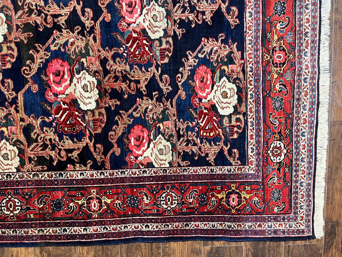 Persian Bidjar Rug 8x11, Floral Bouquets, Blue Black Red Pink, Handmade Hand Knotted Vintage Semi Antique Oriental Carpet - Jewel Rugs, view 9