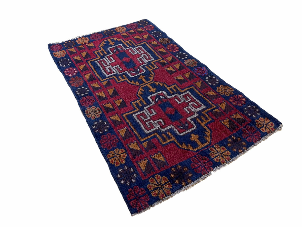 3 X 4.3 Vintage Handmade Tribal Wool Rug Balouch Rug Afghan Rug Red Blue Nice - Jewel Rugs, view 3