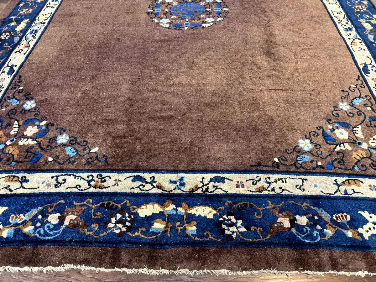Antique Chinese Wool Rug 9x11, Large Chinese Art Deco Rug, Peking Rug, Brown and Blue, Open Field, Fete Rug - Jewel Rugs, view 6
