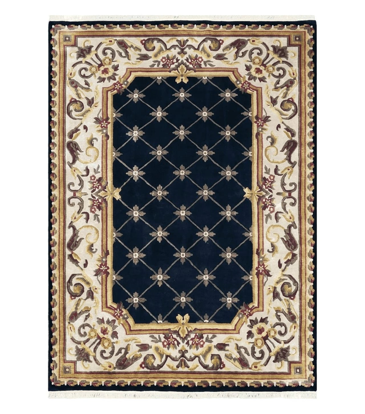 Nepal Rug 6x9, New Aubusson Nepalese Tibetan Carpet 6'1" x 8' 8", Hand-Knotted Wool, Unused, Black & Cream, Savonnerie Pattern, Soft Pile - Jewel Rugs