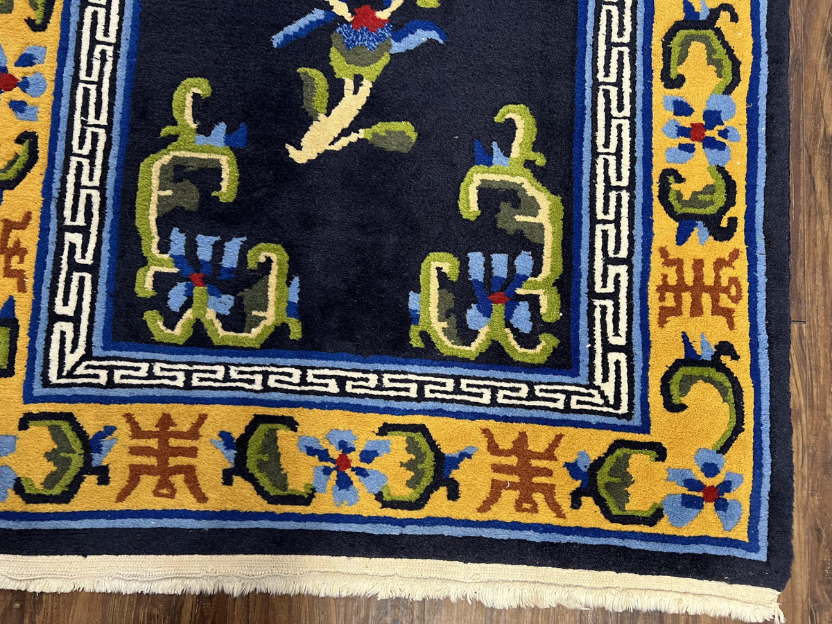 Chinese Art Deco Rug 3 x 5.9, Handmade Chinese Peking Carpet, Dark Blue and Gold, Medallion, Asian Oriental 3x6 Hand Knotted Vintage Rug - Jewel Rugs, view 10