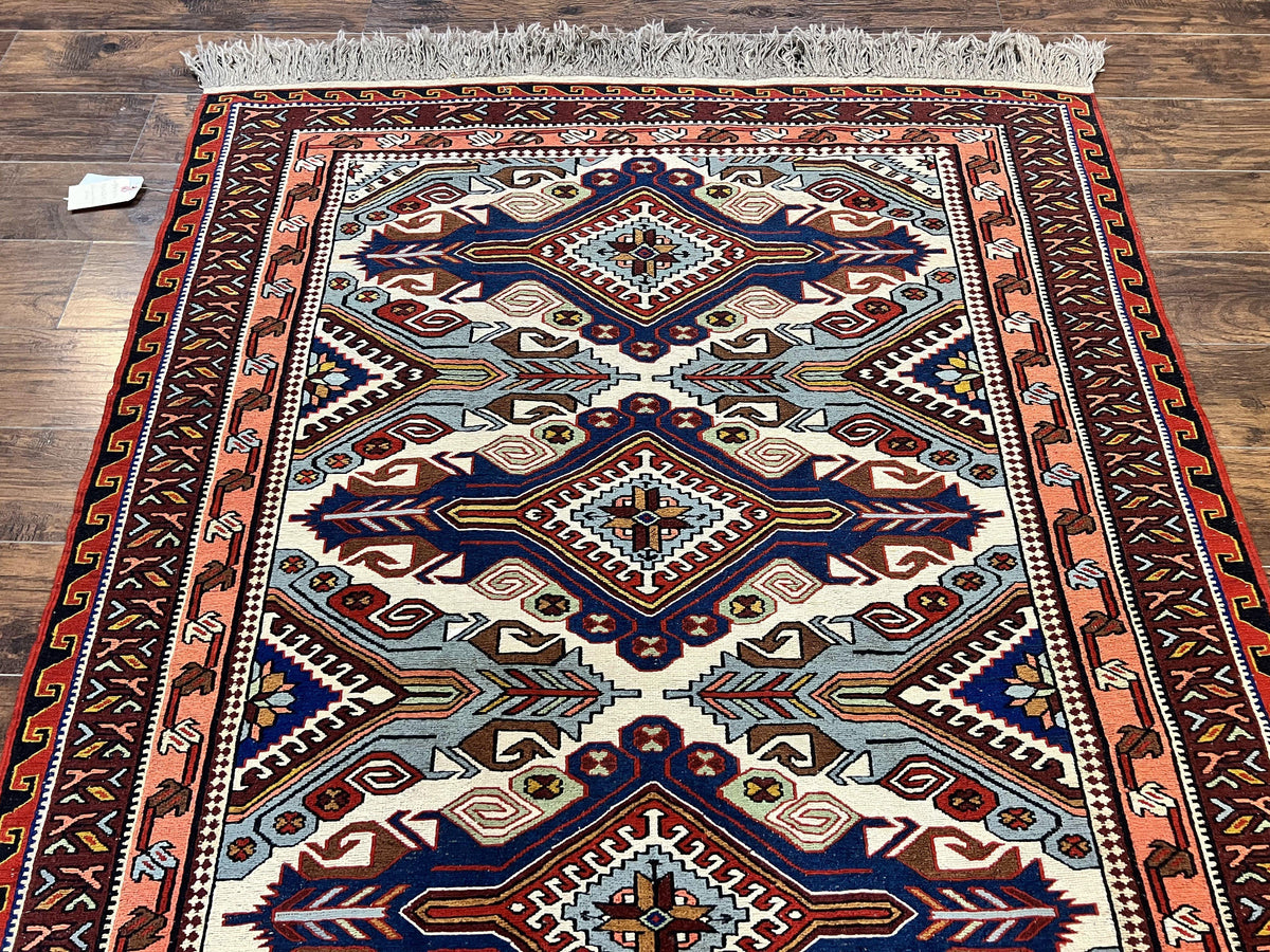 Russian Soumak Rug 6x8, Wool Handmade Antique Kilim Carpet, Multicolor 6 x 8 Geometric Medallions Caucasian Rug, Medium Size - Jewel Rugs, view 12