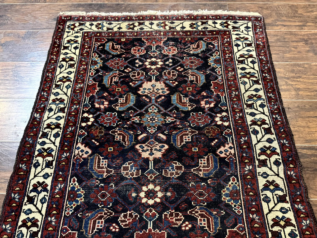 Navy Blue Antique Persian Rug 3x6, Blue and Ivory Persian Carpet, Handmade 1920s Hamadan Rug - Jewel Rugs, view 12