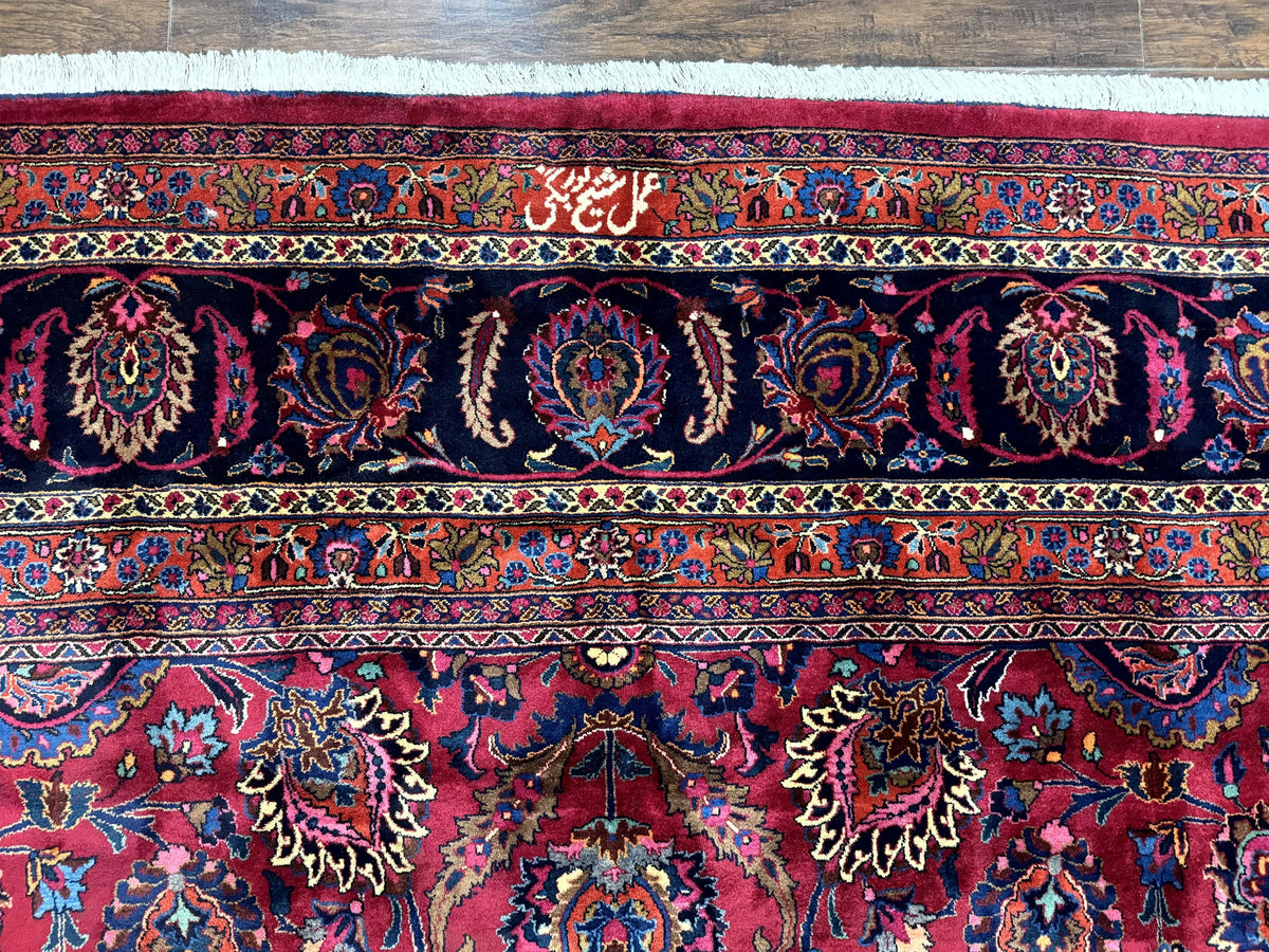 Palace Size Persian Mashad Rug 12x16, Raspberry and Navy Blue, Signature from Master Weaver, Antique Handmade Large Wool Carpet - Jewel Rugs, view 3