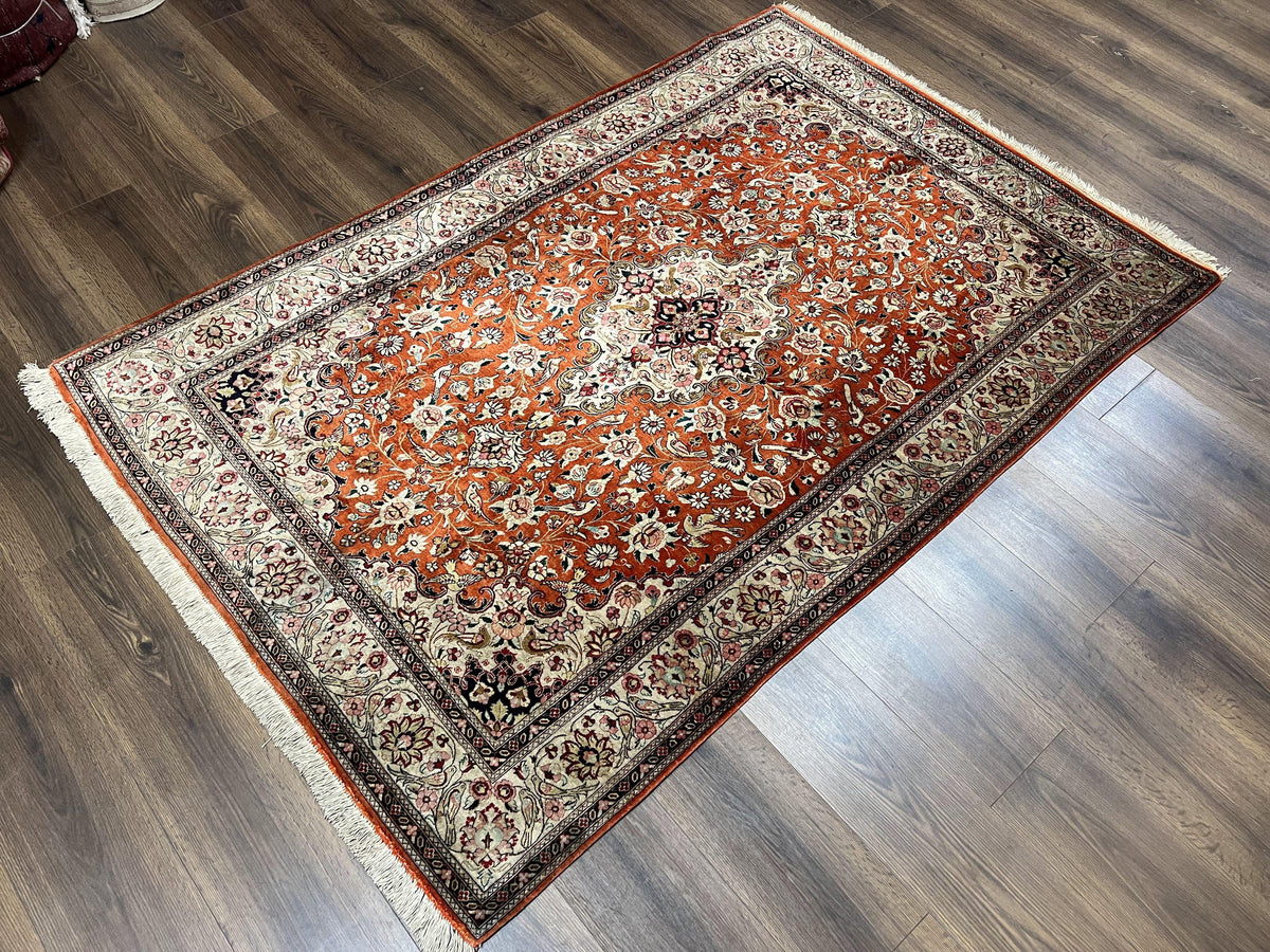 Persian Qum Silk Rug 5x7 - Floral Medallion, Birds, Orange-Red - Jewel Rugs, view 2