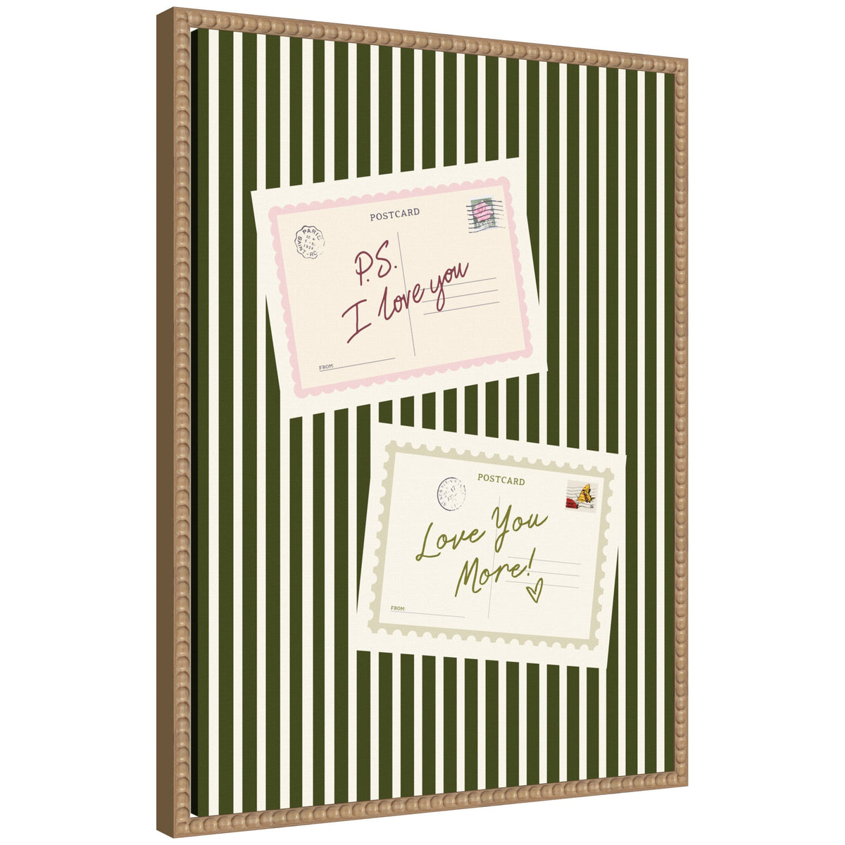 Vintage Postcard Print PS I Love You, Love You More, Striped Green Wall Art Dopamine Decor by Lucky Guava Framed Canvas Wall Art Print