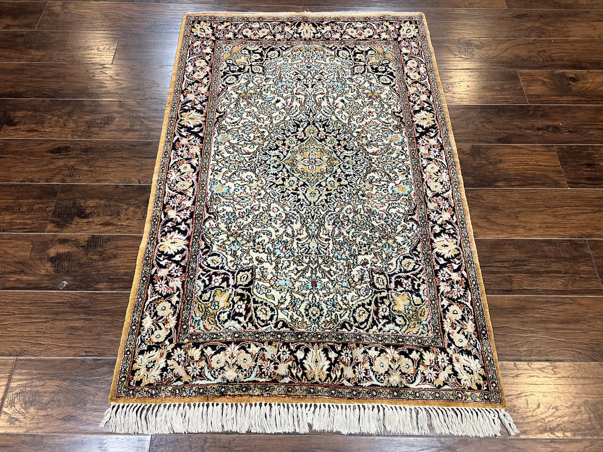 Silk Persian Qum Rug 4x5, Hand Knotted Vintage Carpet, Cream & Navy Blue, Silk Pile on Silk Foundation, Very Fine 360 KPSI - Jewel Rugs, view 2