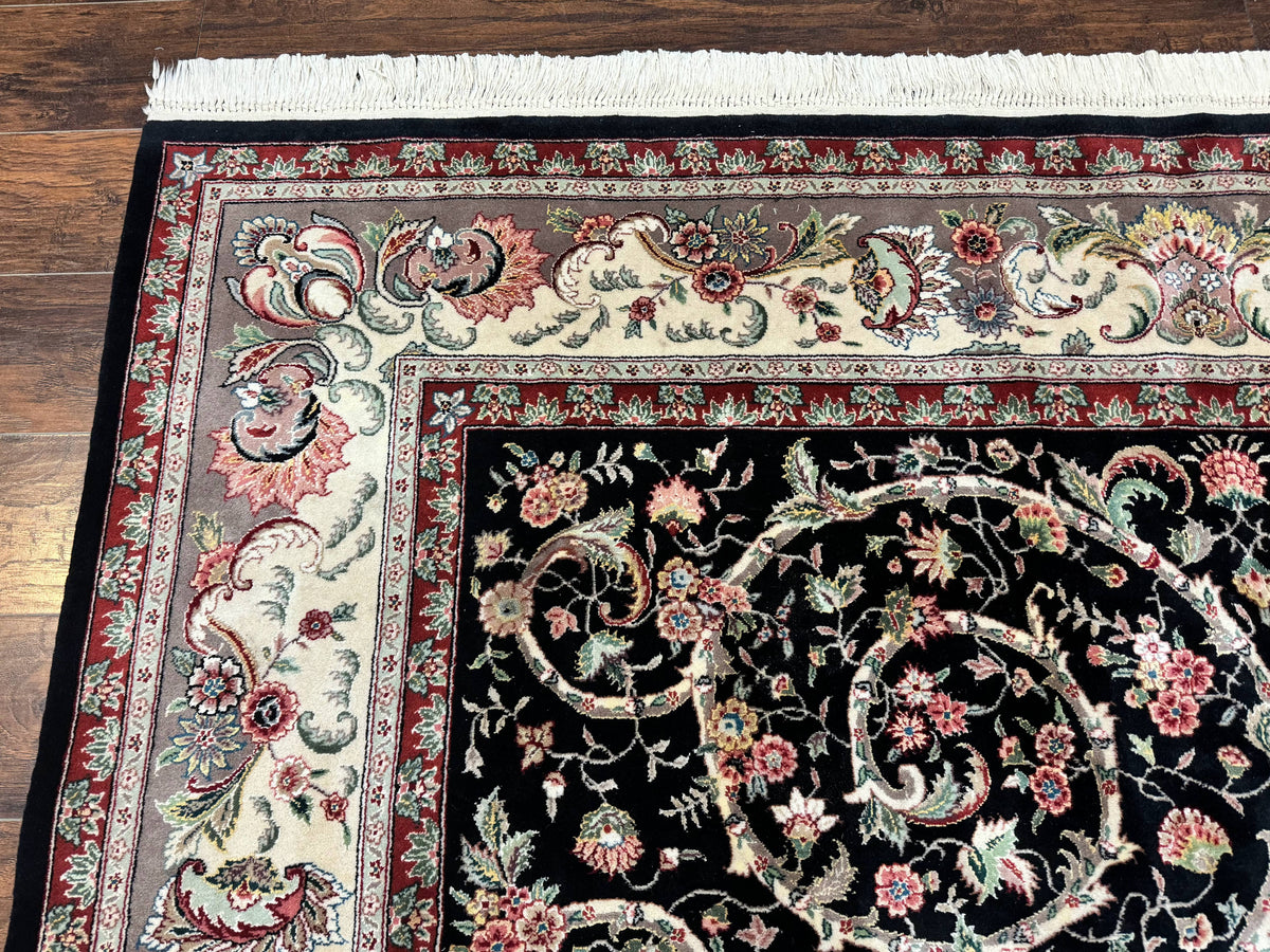Black Pak Persian Rug 8x11, Floral Pattern, Hand Knotted Vintage Wool Rug with Silk Highlights, Fine 200 KPSI - Jewel Rugs, view 7