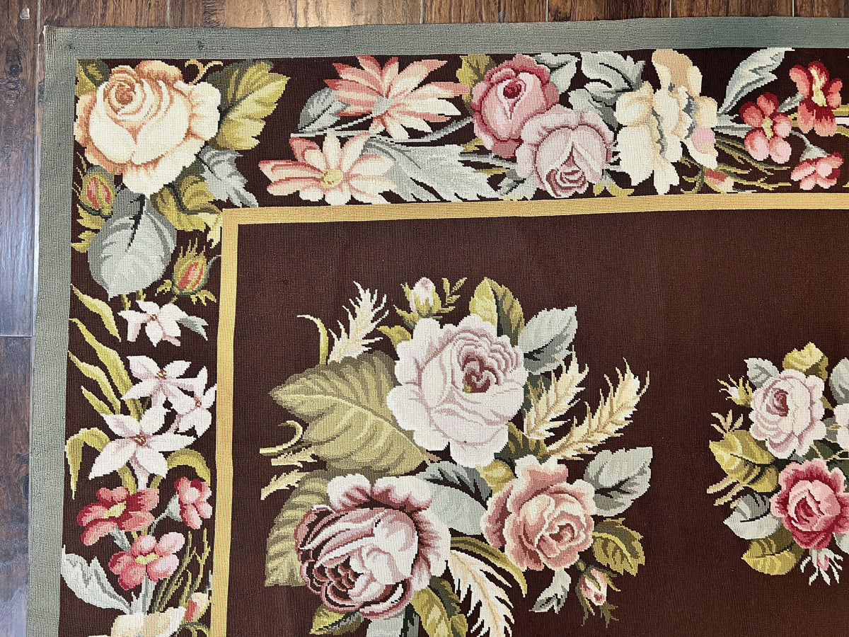 Vintage Needlepoint Rug 9x12, Large Handmade Hand-woven Needlepoint Carpet, Brown Area Rug, Floral Bouquets, Wool Rug, European Design - Jewel Rugs, view 7