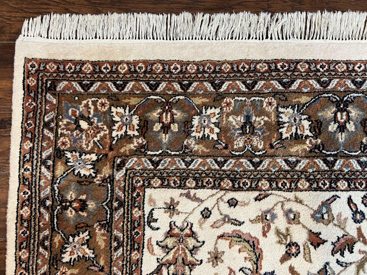 Indo Kirman Rug 8x12 Allover Floral Design, Ivory/Cream Brown, Vintage Handmade Hand Knotted Rug, Traditional Wool Persian Carpet 8 x 12 - Jewel Rugs, view 7